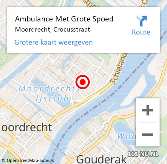 Locatie op kaart van de 112 melding: Ambulance Met Grote Spoed Naar Moordrecht, Crocusstraat op 5 augustus 2022 21:47