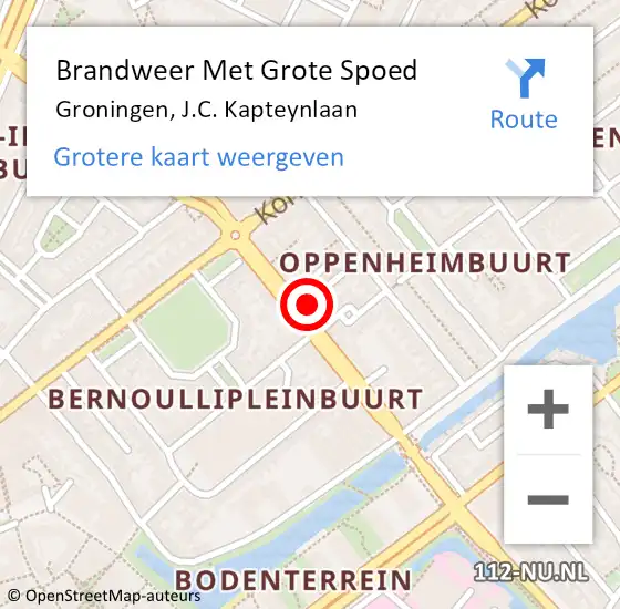 Locatie op kaart van de 112 melding: Brandweer Met Grote Spoed Naar Groningen, J.C. Kapteynlaan op 5 augustus 2022 22:49