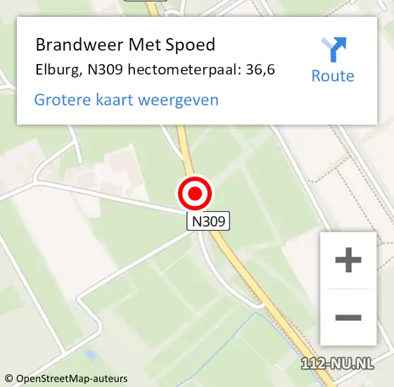 Locatie op kaart van de 112 melding: Brandweer Met Spoed Naar Elburg, N309 hectometerpaal: 36,6 op 5 augustus 2022 23:02