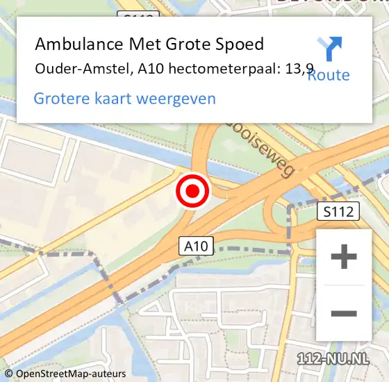 Locatie op kaart van de 112 melding: Ambulance Met Grote Spoed Naar Ouder-Amstel, A10 hectometerpaal: 13,9 op 6 augustus 2022 00:24