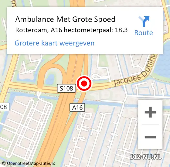 Locatie op kaart van de 112 melding: Ambulance Met Grote Spoed Naar Rotterdam, A16 hectometerpaal: 18,3 op 6 augustus 2022 00:27