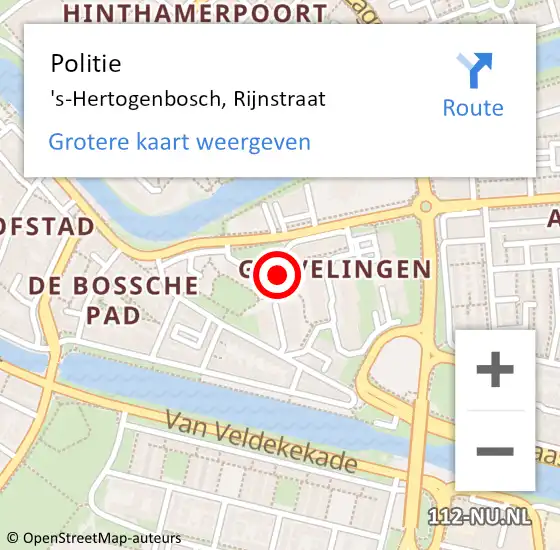 Locatie op kaart van de 112 melding: Politie 's-Hertogenbosch, Rijnstraat op 6 augustus 2022 00:55