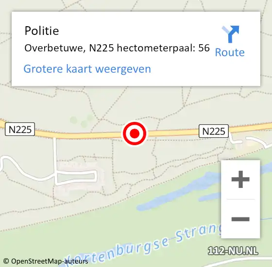 Locatie op kaart van de 112 melding: Politie Overbetuwe, N225 hectometerpaal: 56 op 6 augustus 2022 05:54