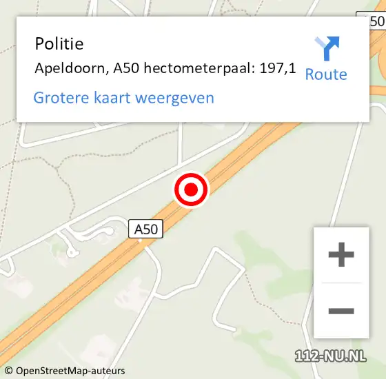Locatie op kaart van de 112 melding: Politie Apeldoorn, A50 hectometerpaal: 197,1 op 6 augustus 2022 07:35