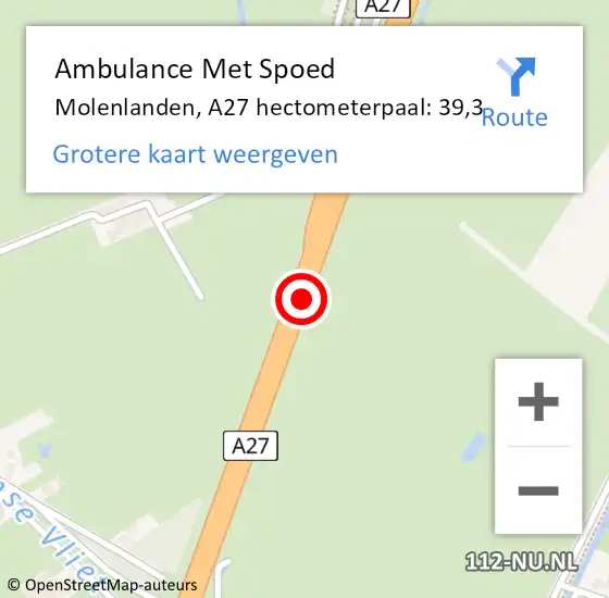 Locatie op kaart van de 112 melding: Ambulance Met Spoed Naar Molenlanden, A27 hectometerpaal: 39,3 op 6 augustus 2022 10:55