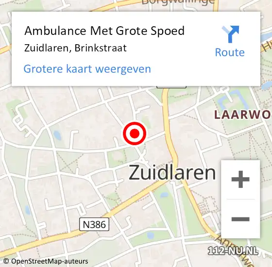 Locatie op kaart van de 112 melding: Ambulance Met Grote Spoed Naar Zuidlaren, Brinkstraat op 6 augustus 2022 11:07