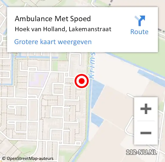 Locatie op kaart van de 112 melding: Ambulance Met Spoed Naar Hoek van Holland, Lakemanstraat op 6 augustus 2022 11:48