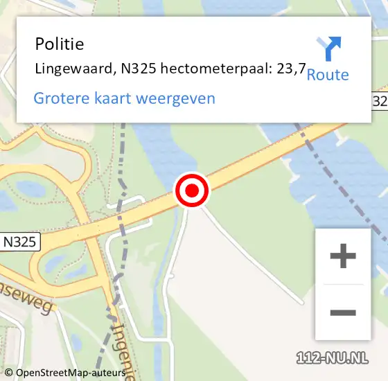 Locatie op kaart van de 112 melding: Politie Lingewaard, N325 hectometerpaal: 23,7 op 6 augustus 2022 12:09