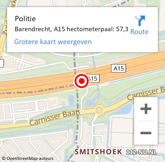 Locatie op kaart van de 112 melding: Politie Barendrecht, A15 hectometerpaal: 57,3 op 6 augustus 2022 12:49