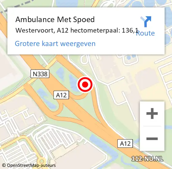Locatie op kaart van de 112 melding: Ambulance Met Spoed Naar Westervoort, A12 hectometerpaal: 136,1 op 6 augustus 2022 12:58