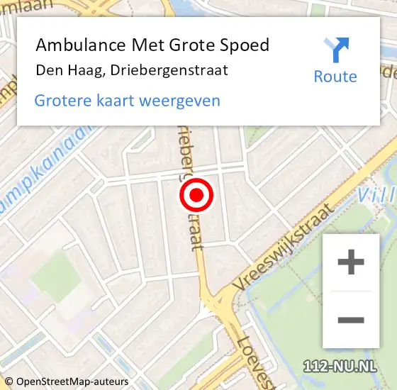 Locatie op kaart van de 112 melding: Ambulance Met Grote Spoed Naar Den Haag, Driebergenstraat op 6 augustus 2022 12:59