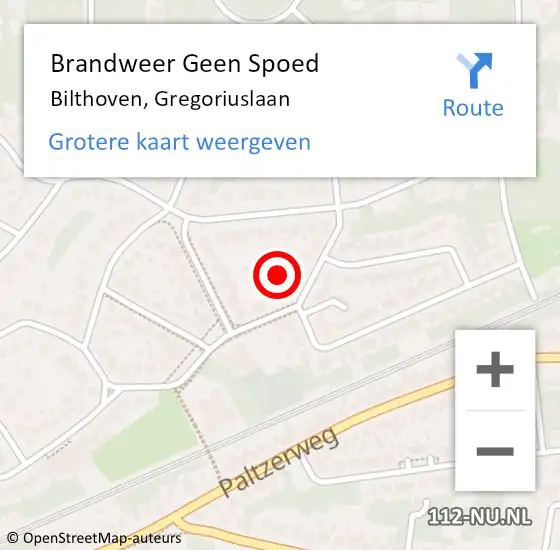 Locatie op kaart van de 112 melding: Brandweer Geen Spoed Naar Bilthoven, Gregoriuslaan op 6 augustus 2022 13:58