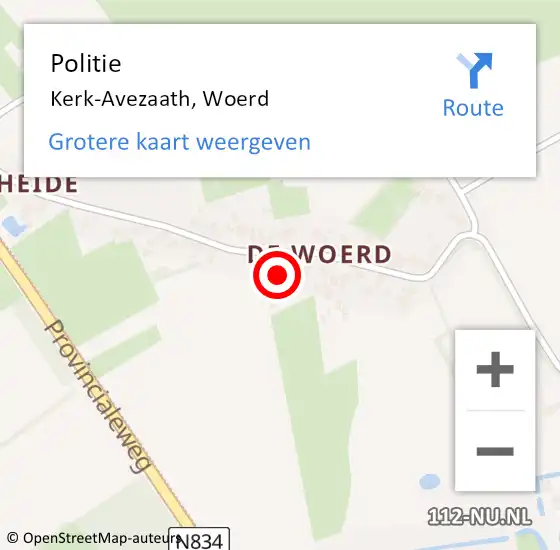 Locatie op kaart van de 112 melding: Politie Kerk-Avezaath, Woerd op 6 augustus 2022 13:59