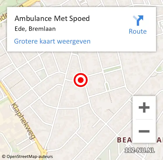 Locatie op kaart van de 112 melding: Ambulance Met Spoed Naar Ede, Bremlaan op 6 augustus 2022 15:07