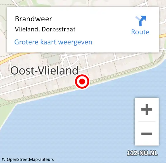 Locatie op kaart van de 112 melding: Brandweer Vlieland, Dorpsstraat op 6 augustus 2022 18:33