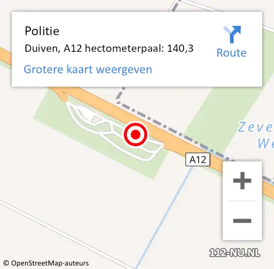 Locatie op kaart van de 112 melding: Politie Duiven, A12 hectometerpaal: 140,3 op 6 augustus 2022 18:35