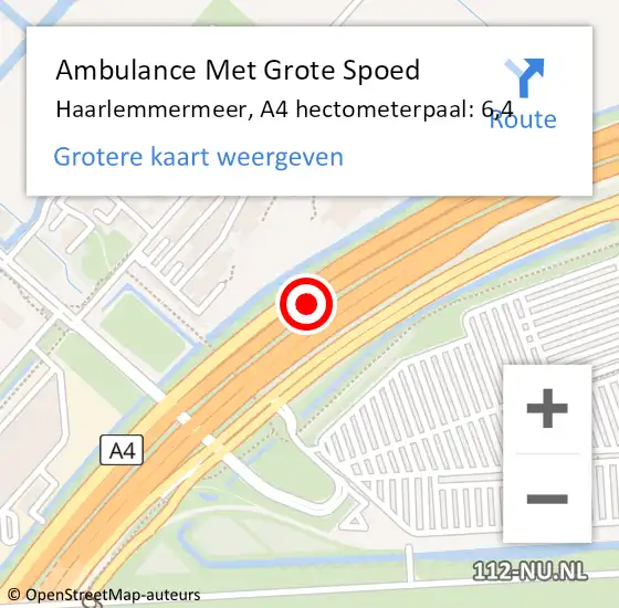 Locatie op kaart van de 112 melding: Ambulance Met Grote Spoed Naar Haarlemmermeer, A4 hectometerpaal: 6,4 op 6 augustus 2022 18:43