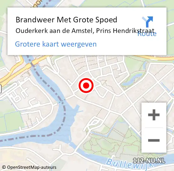 Locatie op kaart van de 112 melding: Brandweer Met Grote Spoed Naar Ouderkerk aan de Amstel, Prins Hendrikstraat op 6 augustus 2022 18:57