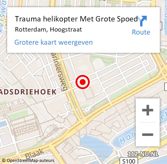 Locatie op kaart van de 112 melding: Trauma helikopter Met Grote Spoed Naar Rotterdam, Hoogstraat op 6 augustus 2022 19:39