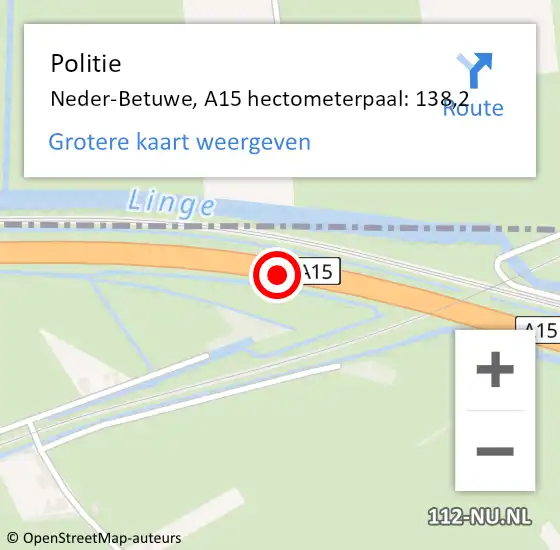 Locatie op kaart van de 112 melding: Politie Neder-Betuwe, A15 hectometerpaal: 138,2 op 6 augustus 2022 20:01