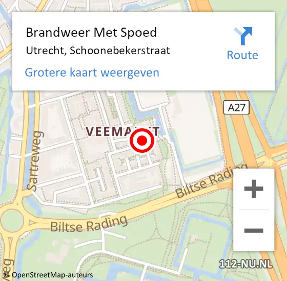 Locatie op kaart van de 112 melding: Brandweer Met Spoed Naar Utrecht, Schoonebekerstraat op 6 augustus 2022 20:03