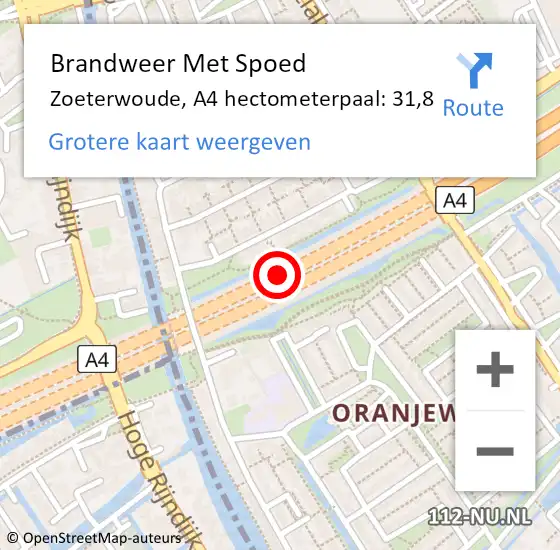 Locatie op kaart van de 112 melding: Brandweer Met Spoed Naar Zoeterwoude, A4 hectometerpaal: 31,8 op 6 augustus 2022 21:03