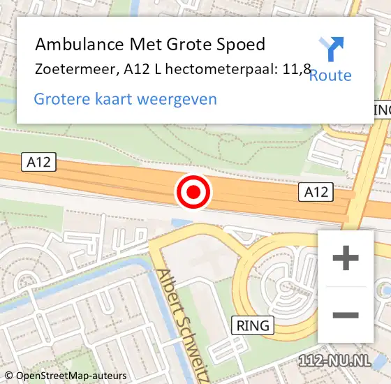 Locatie op kaart van de 112 melding: Ambulance Met Grote Spoed Naar Zoetermeer, A12 R hectometerpaal: 10,5 op 25 juli 2014 14:33