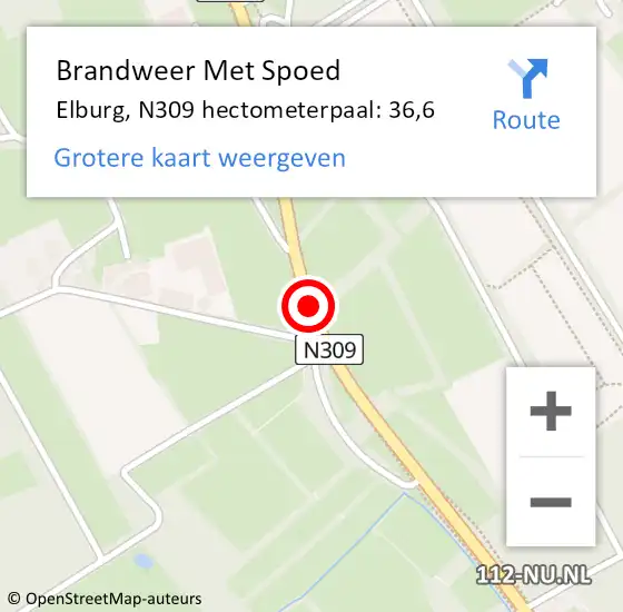 Locatie op kaart van de 112 melding: Brandweer Met Spoed Naar Elburg, N309 hectometerpaal: 36,6 op 6 augustus 2022 22:31