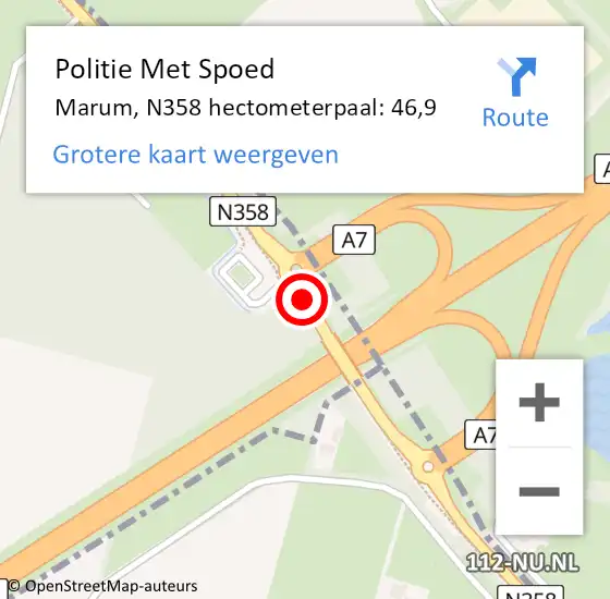 Locatie op kaart van de 112 melding: Politie Met Spoed Naar Marum, N358 hectometerpaal: 46,9 op 6 augustus 2022 22:32