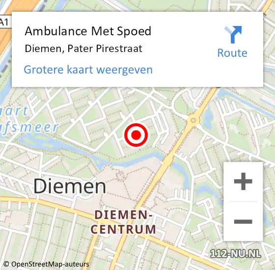 Locatie op kaart van de 112 melding: Ambulance Met Spoed Naar Diemen, Pater Pirestraat op 6 augustus 2022 23:10