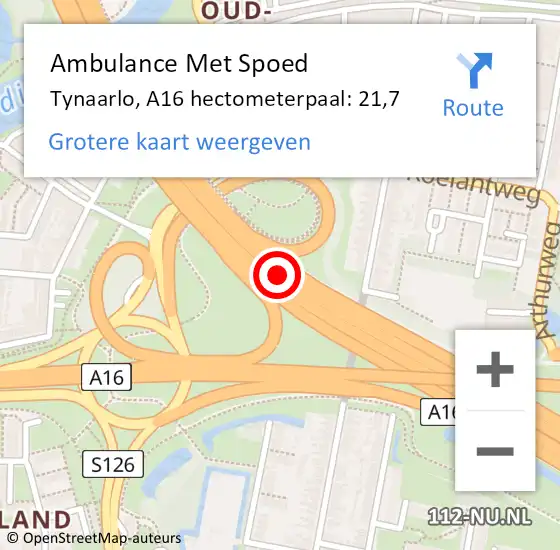 Locatie op kaart van de 112 melding: Ambulance Met Spoed Naar Tynaarlo, A16 hectometerpaal: 21,7 op 6 augustus 2022 23:25