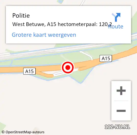 Locatie op kaart van de 112 melding: Politie West Betuwe, A15 hectometerpaal: 120,2 op 7 augustus 2022 01:23