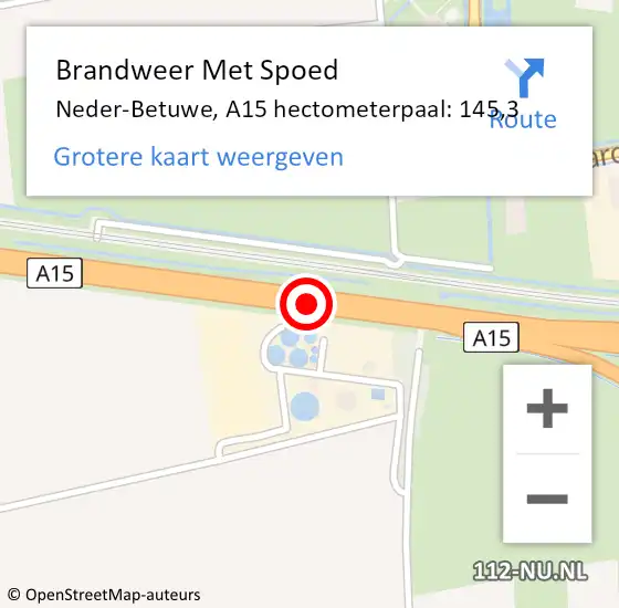 Locatie op kaart van de 112 melding: Brandweer Met Spoed Naar Neder-Betuwe, A15 hectometerpaal: 145,3 op 7 augustus 2022 01:37