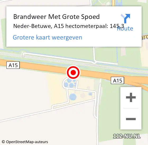 Locatie op kaart van de 112 melding: Brandweer Met Grote Spoed Naar Neder-Betuwe, A15 hectometerpaal: 145,3 op 7 augustus 2022 01:52