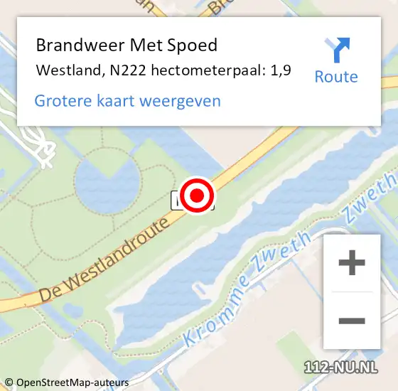 Locatie op kaart van de 112 melding: Brandweer Met Spoed Naar Westland, N222 hectometerpaal: 1,9 op 7 augustus 2022 02:02