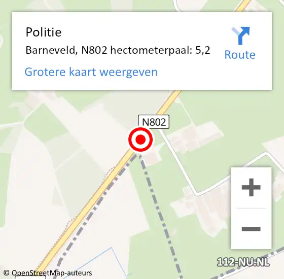 Locatie op kaart van de 112 melding: Politie Barneveld, N802 hectometerpaal: 5,2 op 7 augustus 2022 03:25