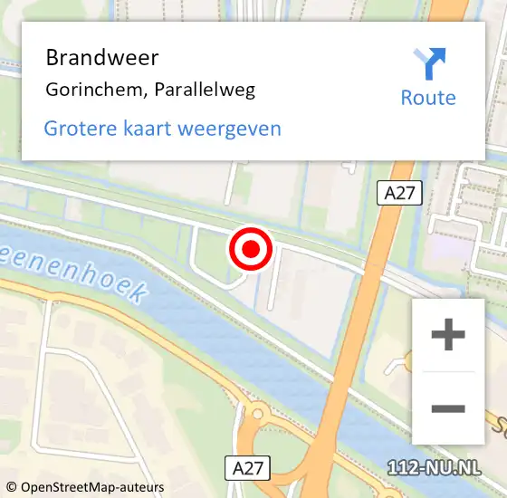 Locatie op kaart van de 112 melding: Brandweer Gorinchem, Parallelweg op 7 augustus 2022 06:49