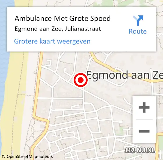 Locatie op kaart van de 112 melding: Ambulance Met Grote Spoed Naar Egmond aan Zee, Julianastraat op 7 augustus 2022 07:17