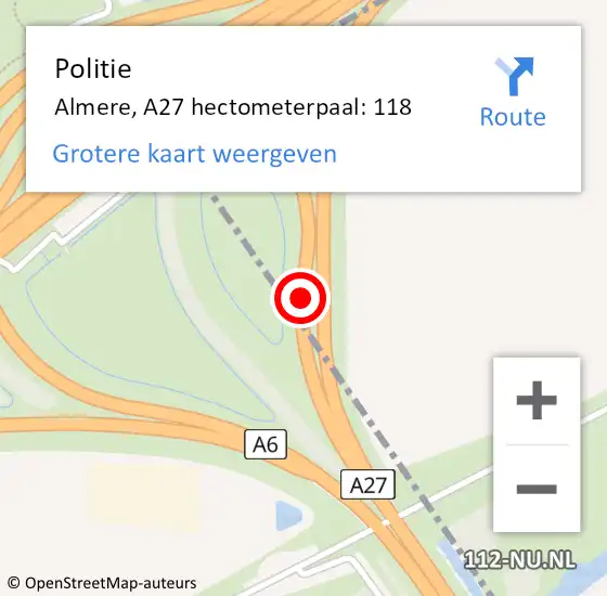 Locatie op kaart van de 112 melding: Politie Almere, A27 hectometerpaal: 118 op 7 augustus 2022 07:36