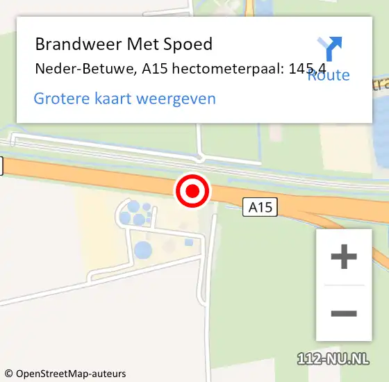 Locatie op kaart van de 112 melding: Brandweer Met Spoed Naar Neder-Betuwe, A15 hectometerpaal: 145,4 op 7 augustus 2022 08:21