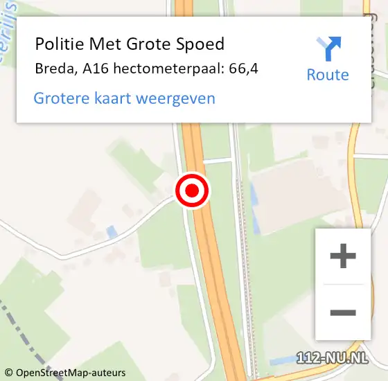 Locatie op kaart van de 112 melding: Politie Met Grote Spoed Naar Breda, A16 hectometerpaal: 66,4 op 7 augustus 2022 08:36
