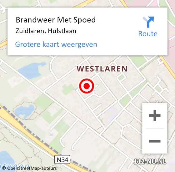 Locatie op kaart van de 112 melding: Brandweer Met Spoed Naar Zuidlaren, Hulstlaan op 7 augustus 2022 09:54