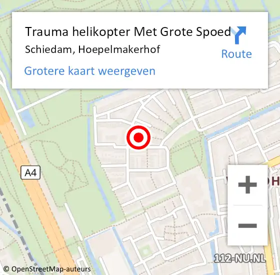 Locatie op kaart van de 112 melding: Trauma helikopter Met Grote Spoed Naar Schiedam, Hoepelmakerhof op 7 augustus 2022 10:28