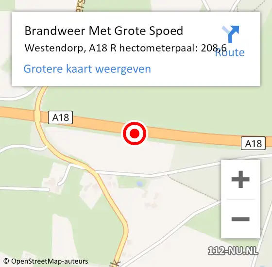 Locatie op kaart van de 112 melding: Brandweer Met Grote Spoed Naar Westendorp, A18 R hectometerpaal: 209,0 op 25 juli 2014 15:18