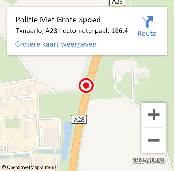 Locatie op kaart van de 112 melding: Politie Met Grote Spoed Naar Tynaarlo, A28 hectometerpaal: 186,4 op 7 augustus 2022 12:51