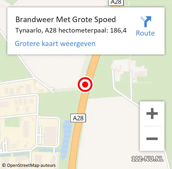 Locatie op kaart van de 112 melding: Brandweer Met Grote Spoed Naar Tynaarlo, A28 hectometerpaal: 186,4 op 7 augustus 2022 12:54