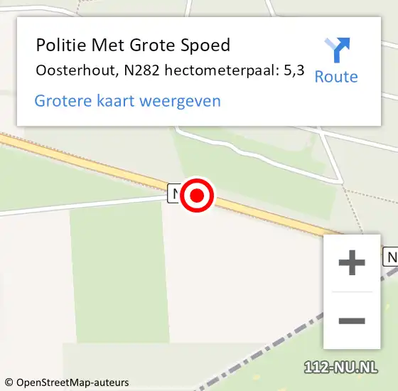 Locatie op kaart van de 112 melding: Politie Met Grote Spoed Naar Oosterhout, N282 hectometerpaal: 5,3 op 7 augustus 2022 14:01