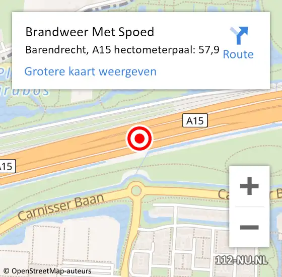 Locatie op kaart van de 112 melding: Brandweer Met Spoed Naar Barendrecht, A15 hectometerpaal: 57,9 op 7 augustus 2022 17:39