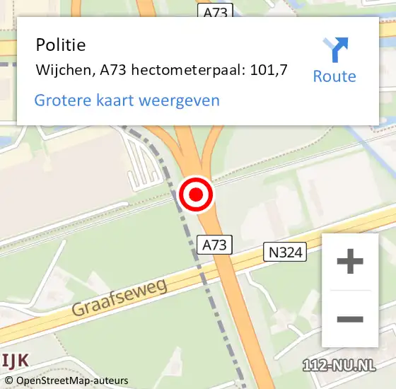 Locatie op kaart van de 112 melding: Politie Wijchen, A73 hectometerpaal: 101,7 op 7 augustus 2022 18:58
