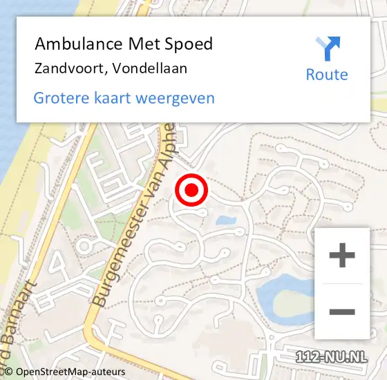 Locatie op kaart van de 112 melding: Ambulance Met Spoed Naar Zandvoort, Vondellaan op 7 augustus 2022 22:35